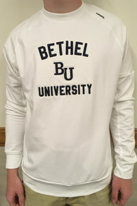 BU Bethel University logo CrossOver Crewneck, White